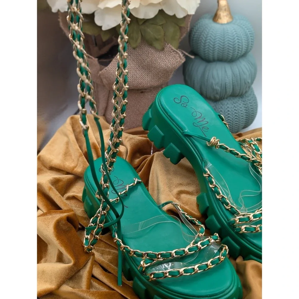 So Me Jossi Emerald Green Chunky Lug Sole Chain Platform Sandals Size 11 💚